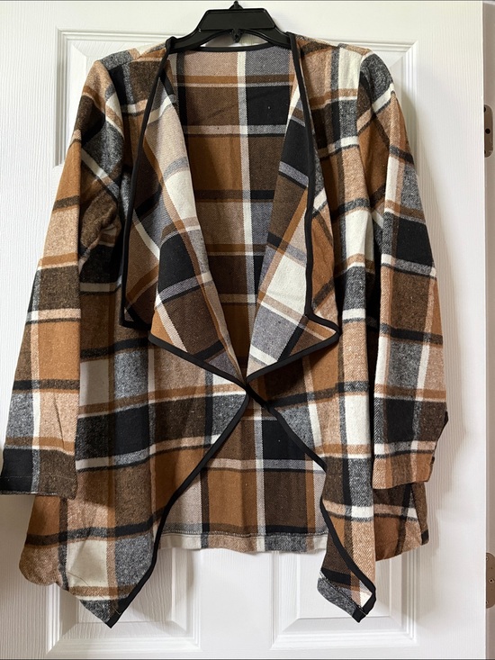 Jackets & Blazers - Plaid Open-Front Draped Lightweight Jacket - Brown, Black, Cream